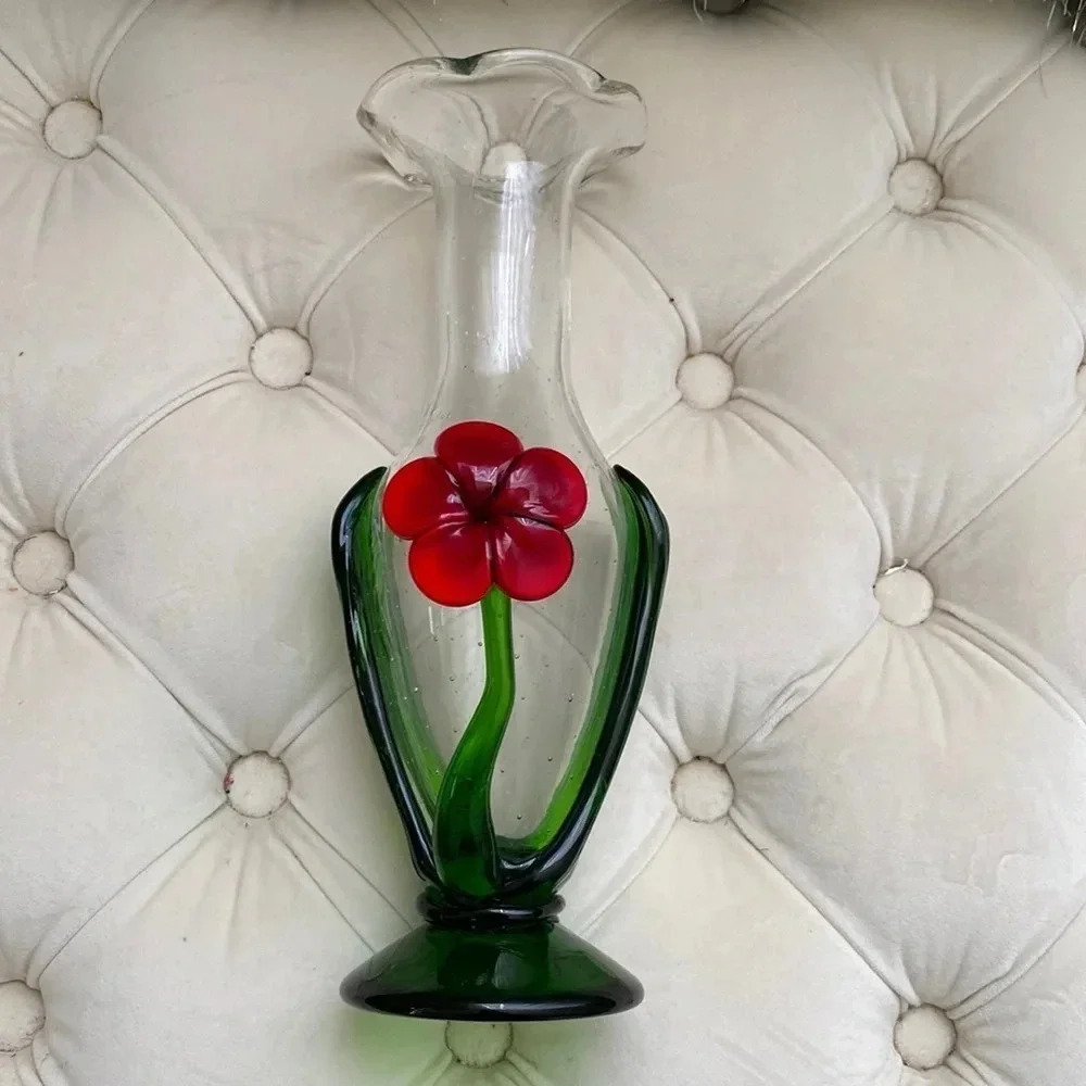 Handmade Blown Glass Flower Bud Vase red flower And Stems 10" Tall